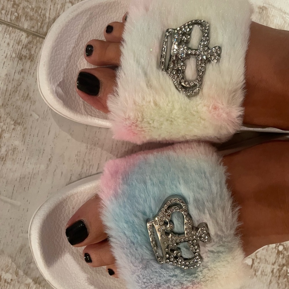 Juicy Couture Fuzzy Multicolor Slippers with Rhinestone Crown